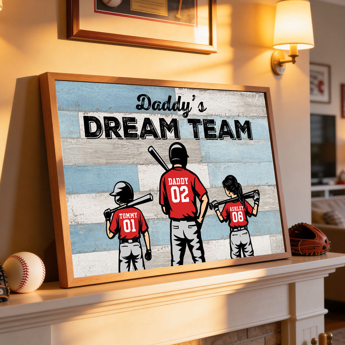 Daddy's Dream Team Baseball Retro Background - Personalized Poster - Father's Day Gift for Dad, Husband