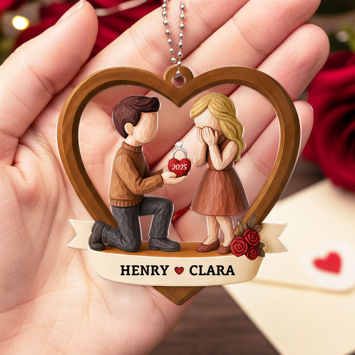 Couple Marriage Proposal 3D Wooden Effect - Personalized Acrylic Car Hanger - Newly Engaged Gift, "She Said Yes!"
