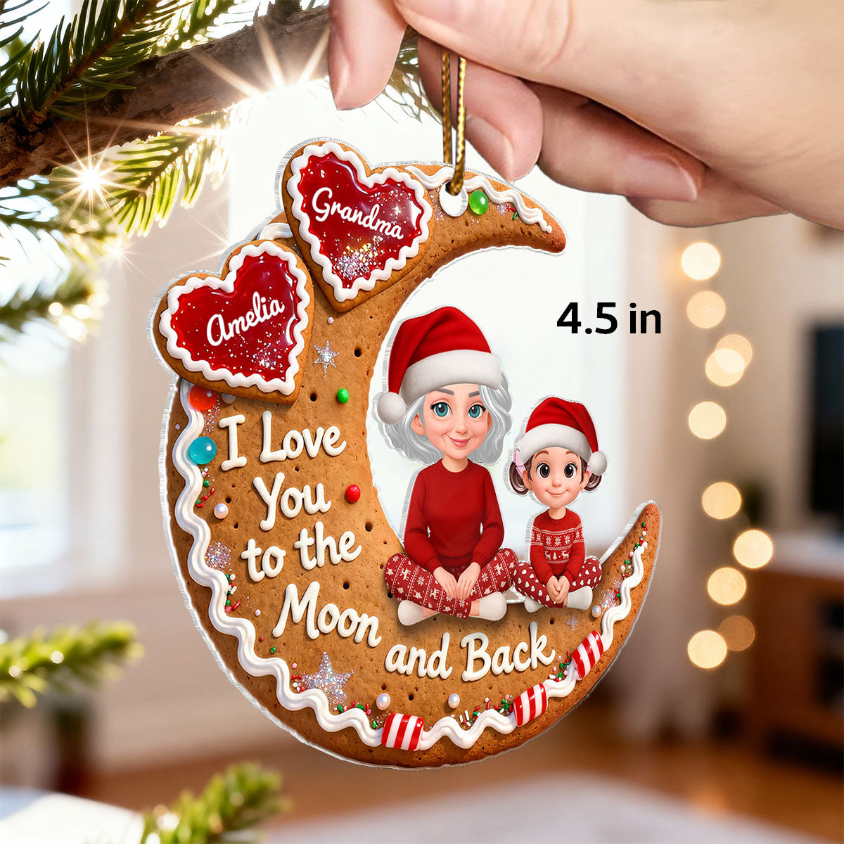 3D Effect Gingerbread Moon Grandma Grandkid Love You To The Moon And Back - Personalized Acrylic Ornament - Christmas Gift For All Grandkids
