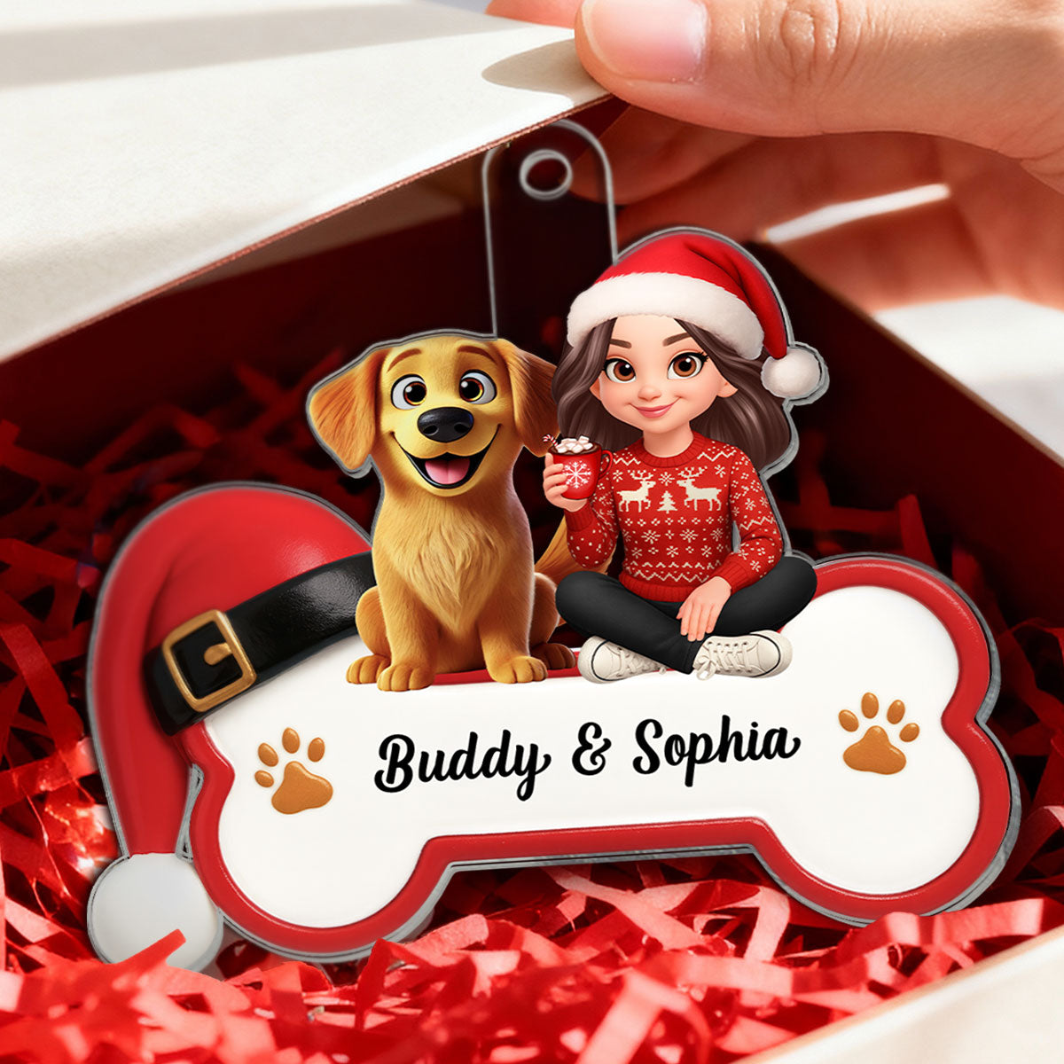 3D Effect Christmas Dog Bone Girl And Dog - Personalized Acrylic Ornament - Gift For Dog Lovers