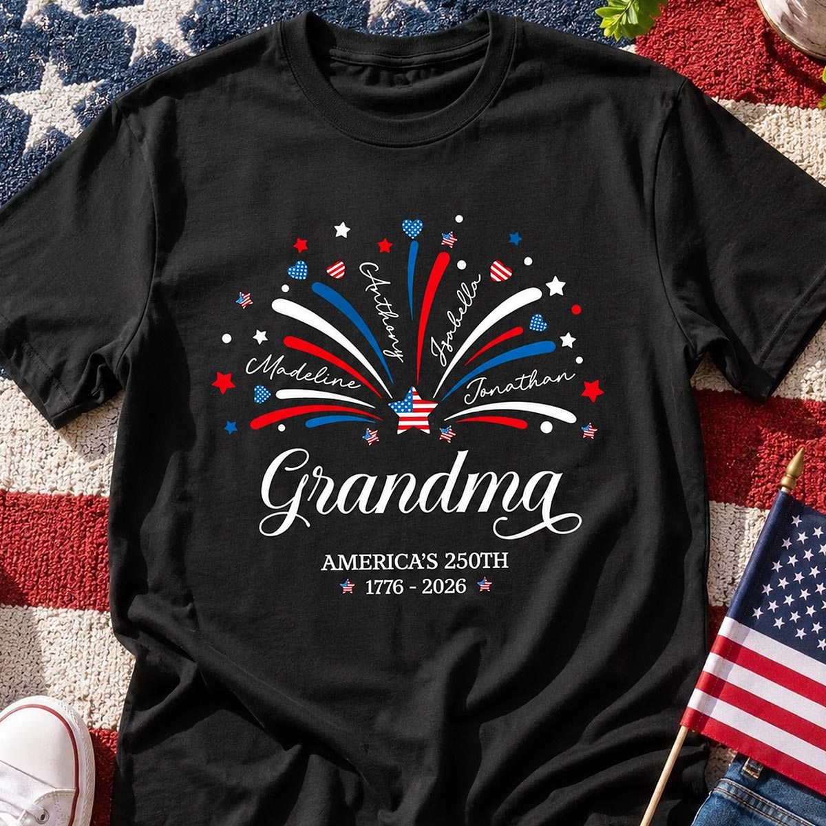 Grandma Fireworks Custom Kid Name - Personalized Shirt - American 250th Anniversary Keepsake For Grandma, Wife