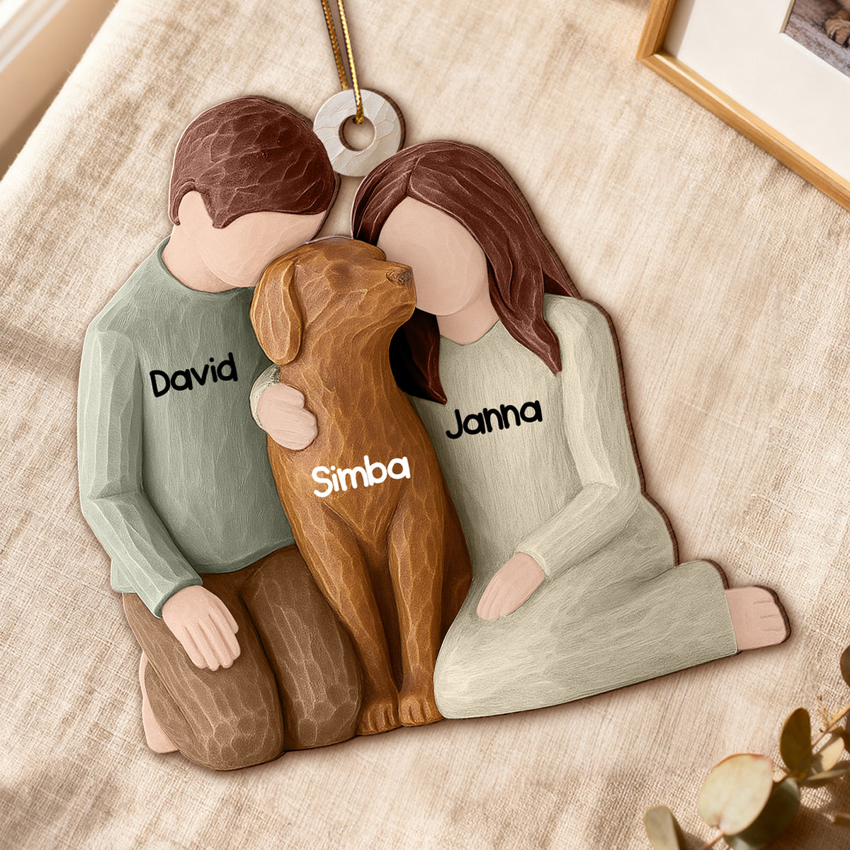 Couple and the Dogs 3D Effect - Personalized Wooden Ornament - Christmas Gift for him, for her