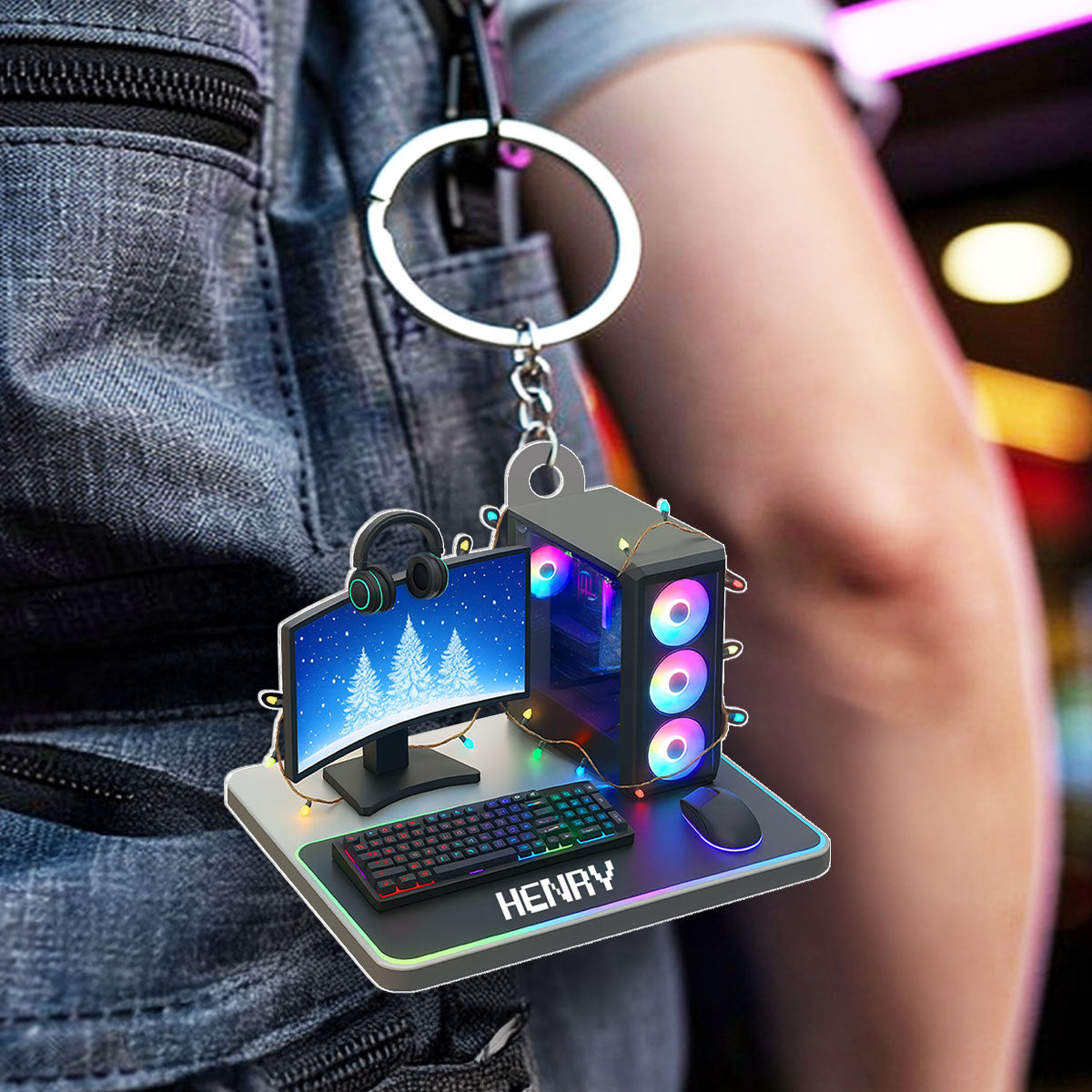 Custom Gamer Name PC Set Up - Personalized Acrylic Keychain - Custom Name Keyrings, Name Tag for Bottles, Backpacks