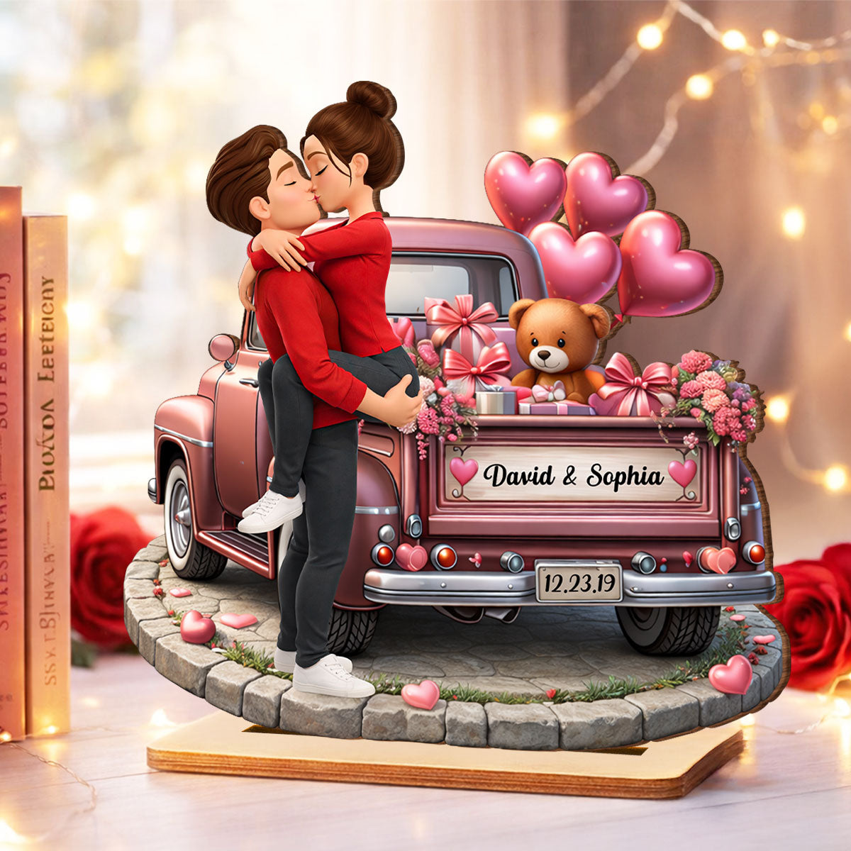 Valentine Truck Couple Kissing - Personalized 2-Layered Wooden Plaque - Anniversary, Valentine's Day Gift, Gift For Him, Gift For Her