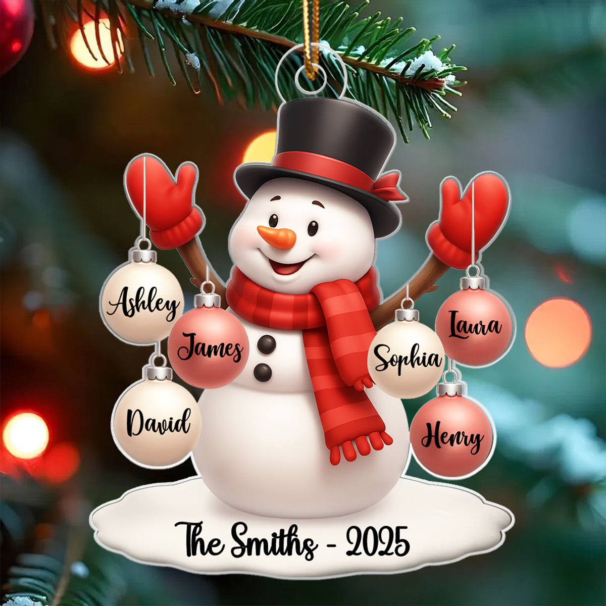 Snowman Family Name Ball Ornaments - Personalized Acrylic Ornament - Christmas Gift for Family