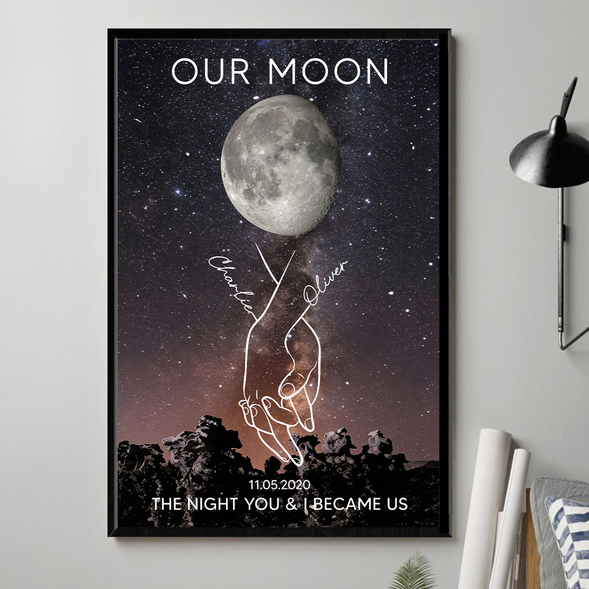 Timeless Love Couple Holding Hands Line Art Custom Moon Phase Anniversary Date - Personalized Poster - Gift For Couple