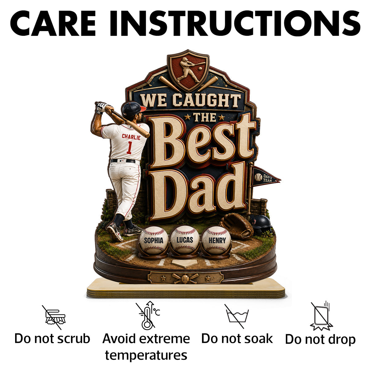 Baseball Dad & Kids We Caught The Best Dad - Personalized 2-Layered Wooden Plaque -  Gift For Baseball Dad, Husband