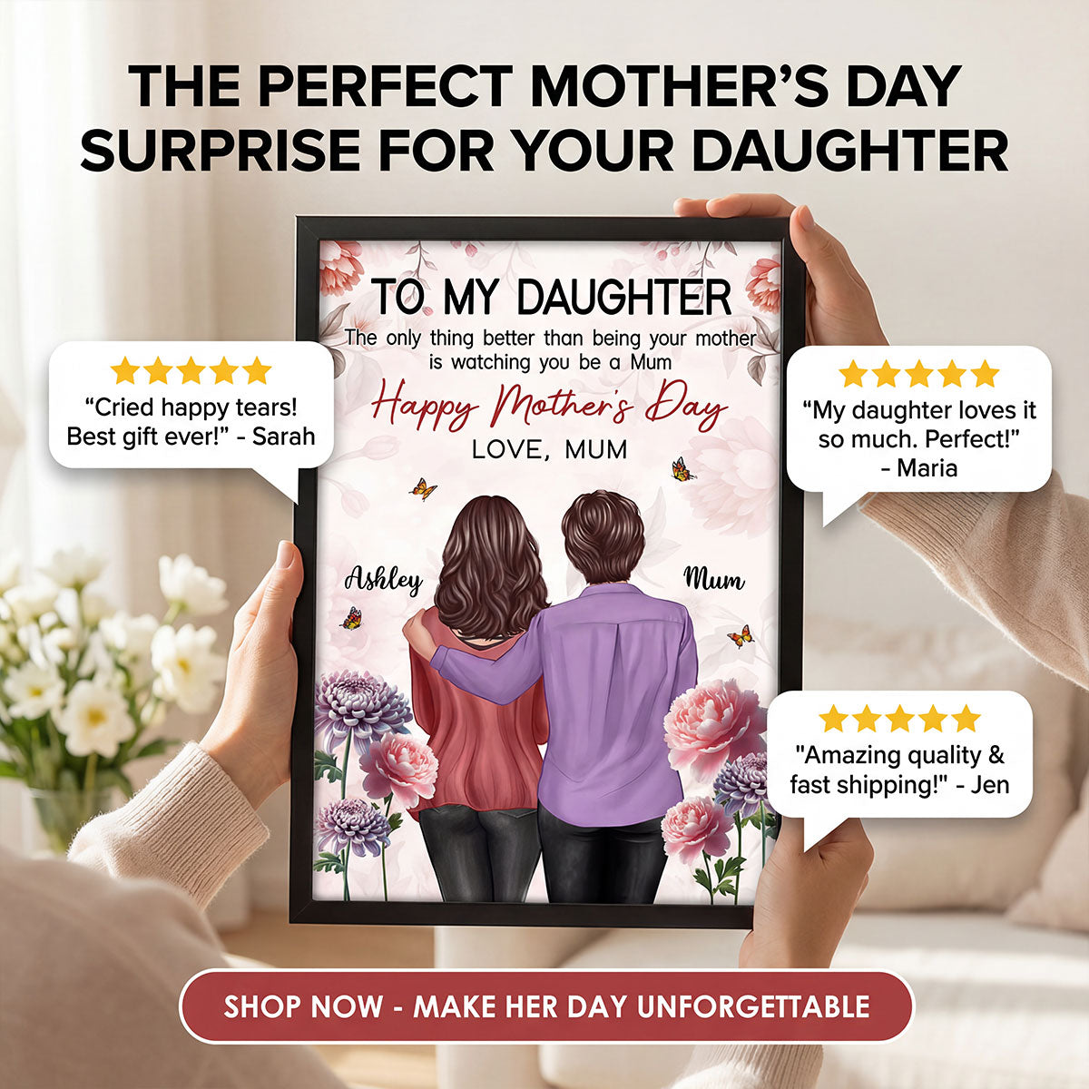 To My Daughter From Mum Birth Month Flower Happy Mother's Day Floral Pink Tone - Personalised Poster