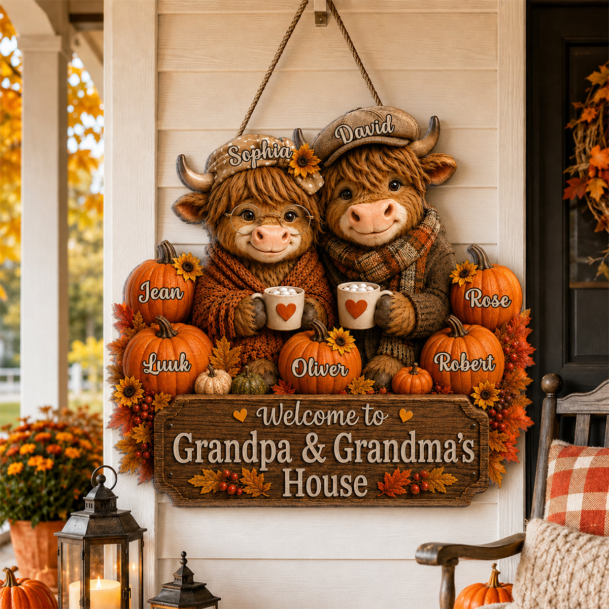 Welcome To Grandpa Grandpa's House Highland Cow - Personalized Wood Sign - Fall Season Decor Gift, Gift For Grandma, Grandpa