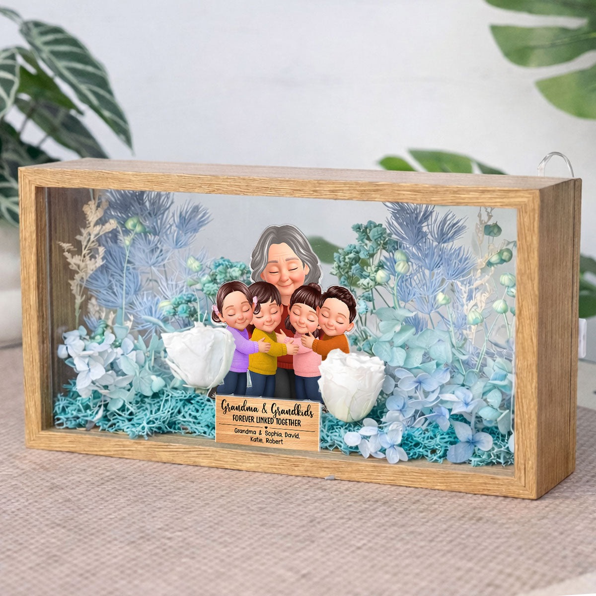 Grandma And Grandkids Forever Linked Together - Personalized DIY Flower Shadow Box LED Night Light - Gift For Grandma