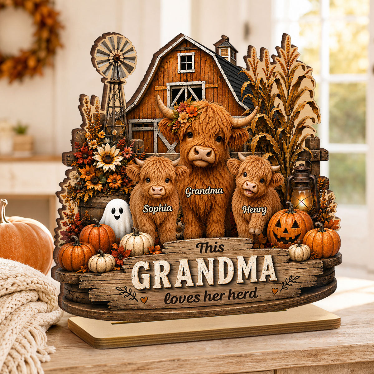 This Grandma Loves Her Herd - Personalized 2-Layered Wooden Plaque - Rustic Farmhouse Fall Decor for Grandma