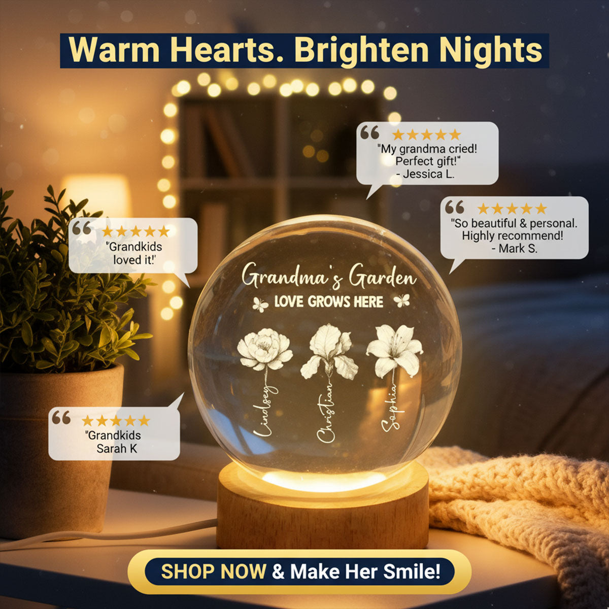 Grandma's Garden 3D Effect Birth Month Flowers - Personalized Crystal Ball LED Night Light