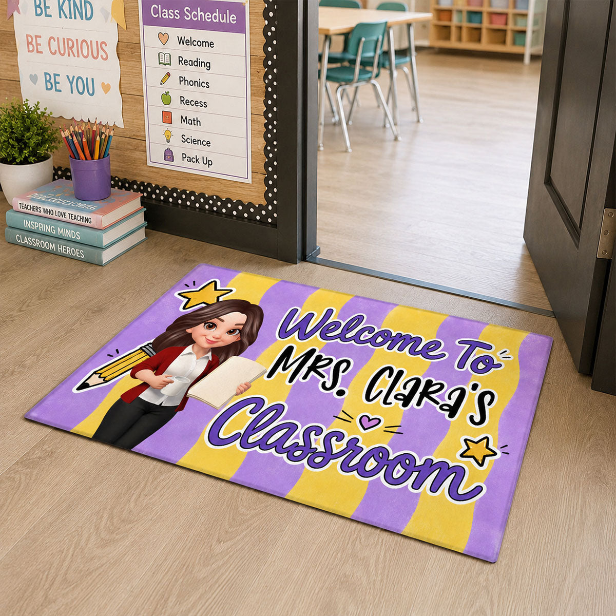 Striped Teacher Welcome To Classroom - Personalized Doormat - Back To School Gift, Classroom Decoration