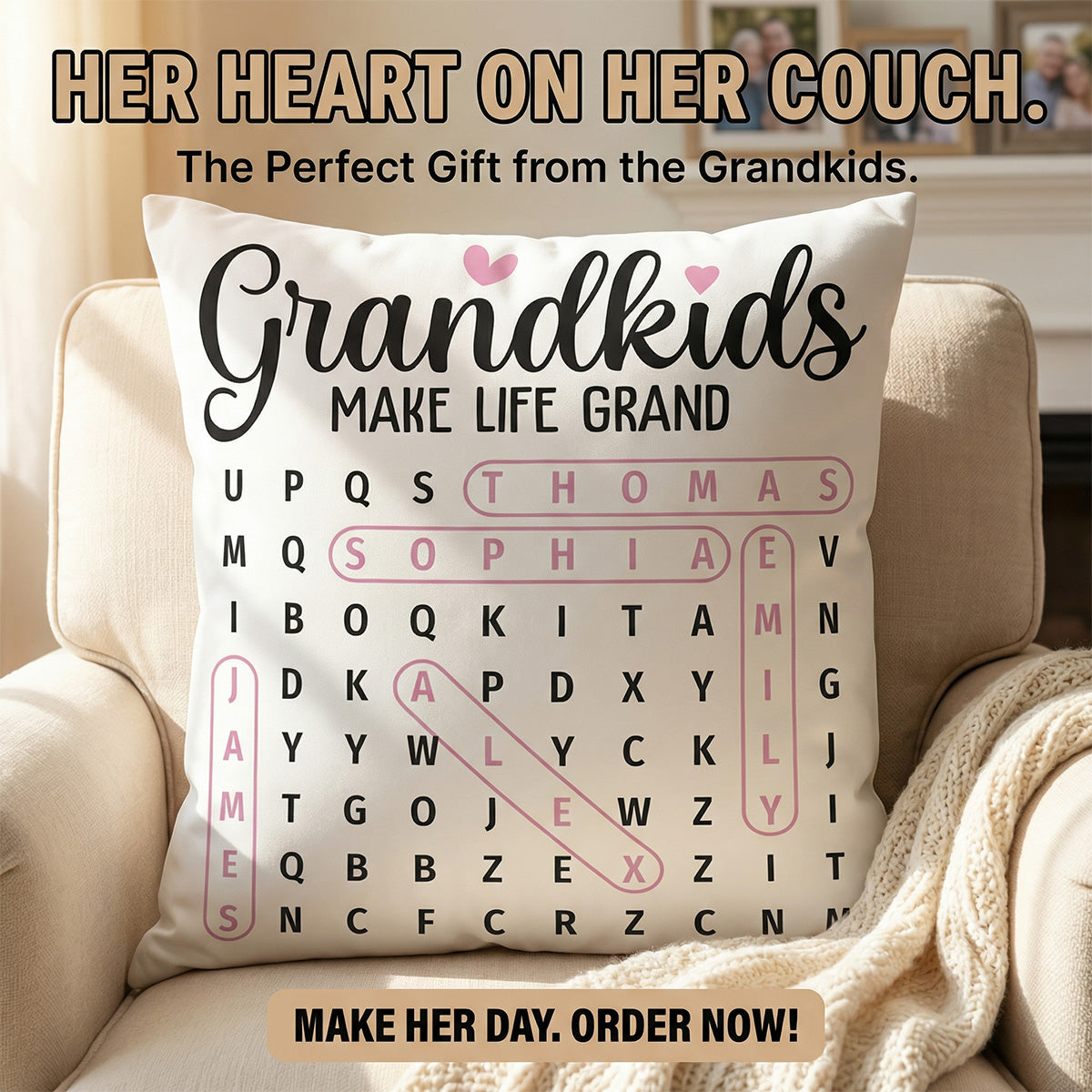 Grandma's Favorite People Word Search Puzzle - Personalized Pillow - Mother's Day Gift For Grandma Mom