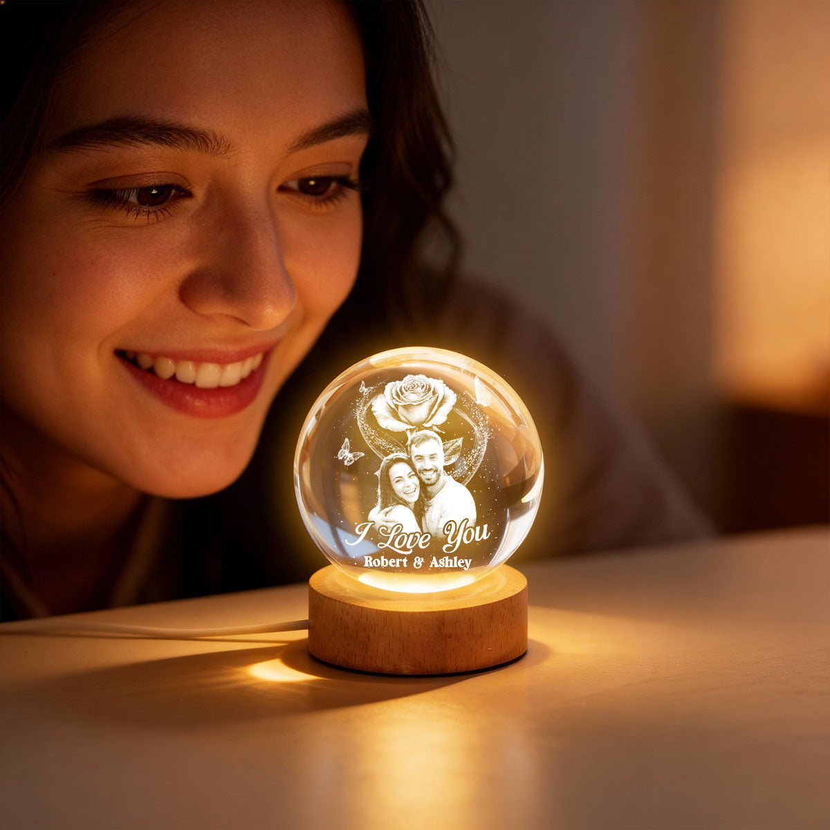 Eternal Love Rose I Love You - Personalized Crystal Ball LED Night Light - Valentine's Day Gift For Couple, For Her