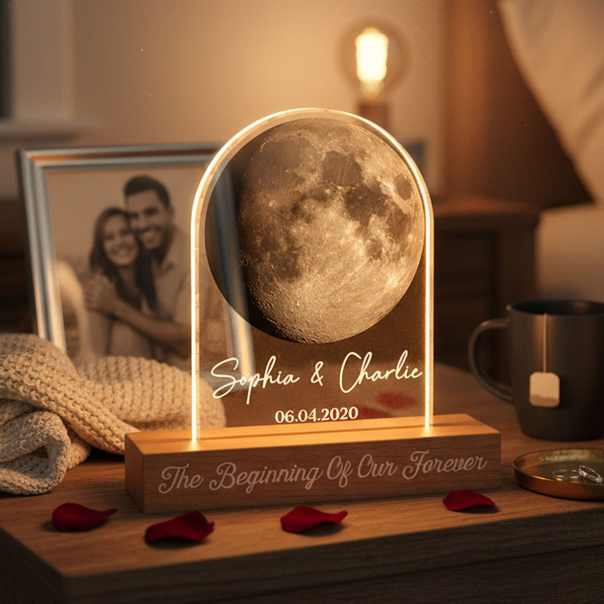 Forever Love Custom Couple Moon Phase Anniversary Date - Personalized Acrylic Block LED Night Light - Valentine's Day Gift For Couple, For Her, For Him
