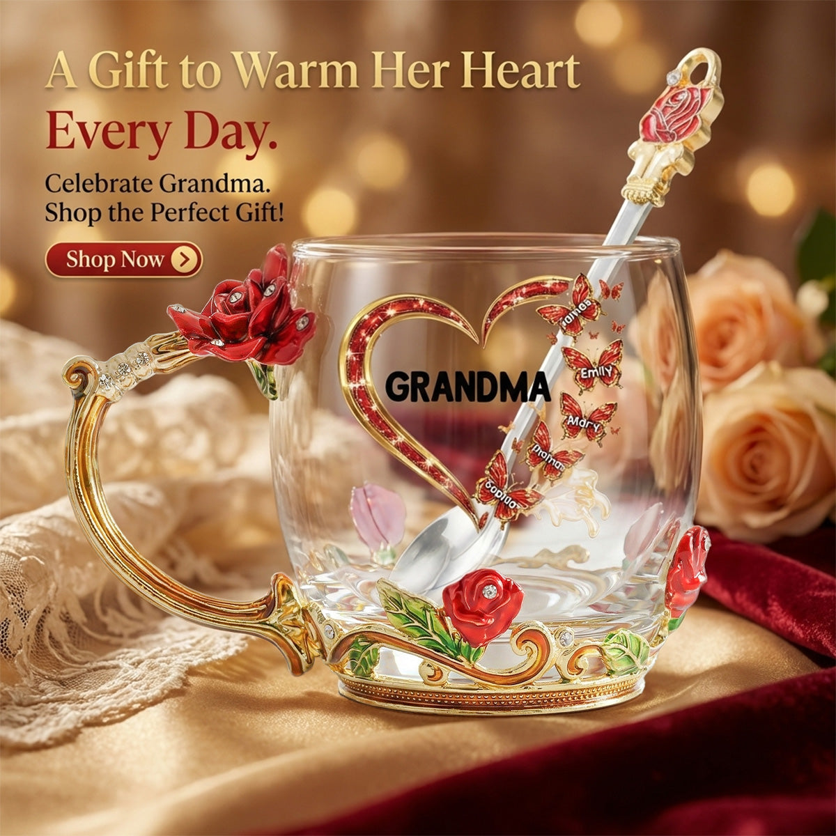 Grandma Butterflies Heart Custom Kids Names - Personalized Enamel Flower Tea Cup - Gift For Grandma, Mom