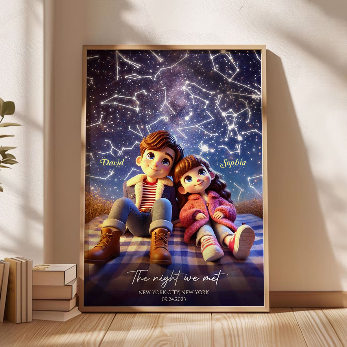 Cartoon Couple Sitting Under the Starry Night Personalized Poster, Custom Star Map by Date & Location, Anniversary, Birthday Gift for him, Gift for her
