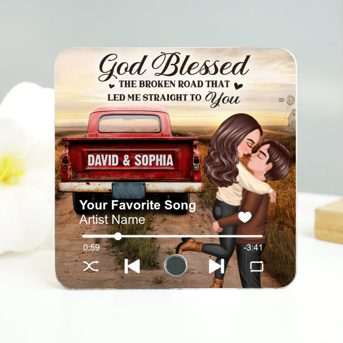 Rustic Nostalgia Red Truck Couple Hugging Kissing - Personalized Music Fridge Magnet - Heartfelt Valentine, Anniversary Gift For Him, For Her, Farmhouse Decor