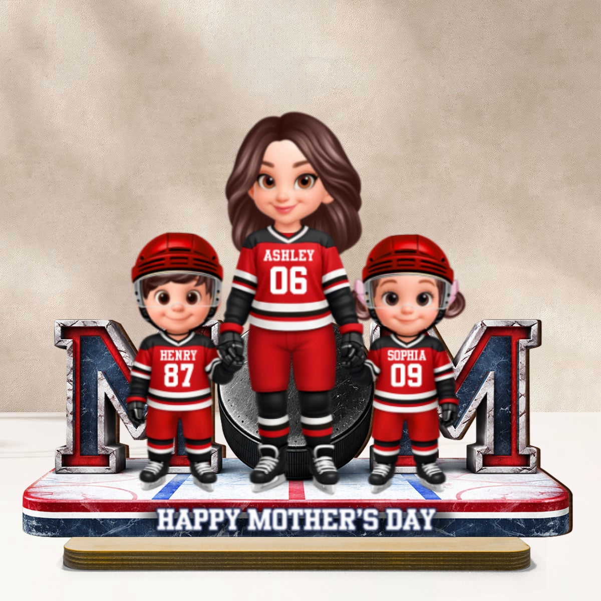 Mom And Her Kids Together Hockey - Personalized 2-Layered Wooden Plaque - Mother's Day Gift For Hockey Mom, Gift For Wife