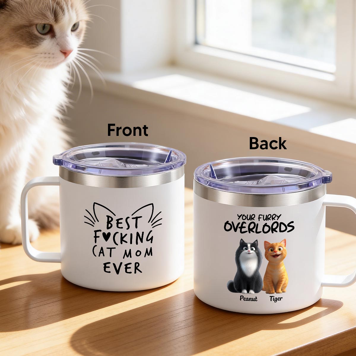 Best Fcking Cat Mom Ever Cartoon Cats - Personalized Stainless Steel Tumbler with Handle - Mother's Day Gift For Cat Lovers