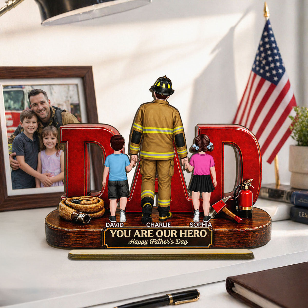 Proud Firefighter Dad You Are Our Hero - Personalized 2-Layered Wooden Plaque - Unique Birthday Gift For Dad