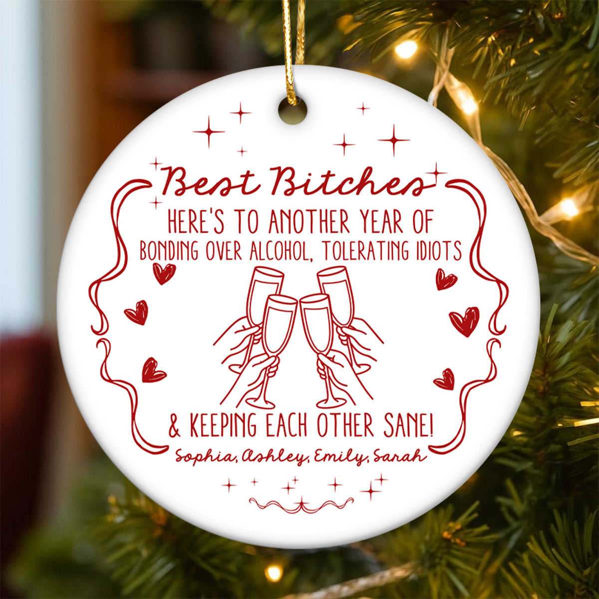 Christmas Red Tone Funny Besties - Personalized Ceramic Ornament - Gift For Best Friends