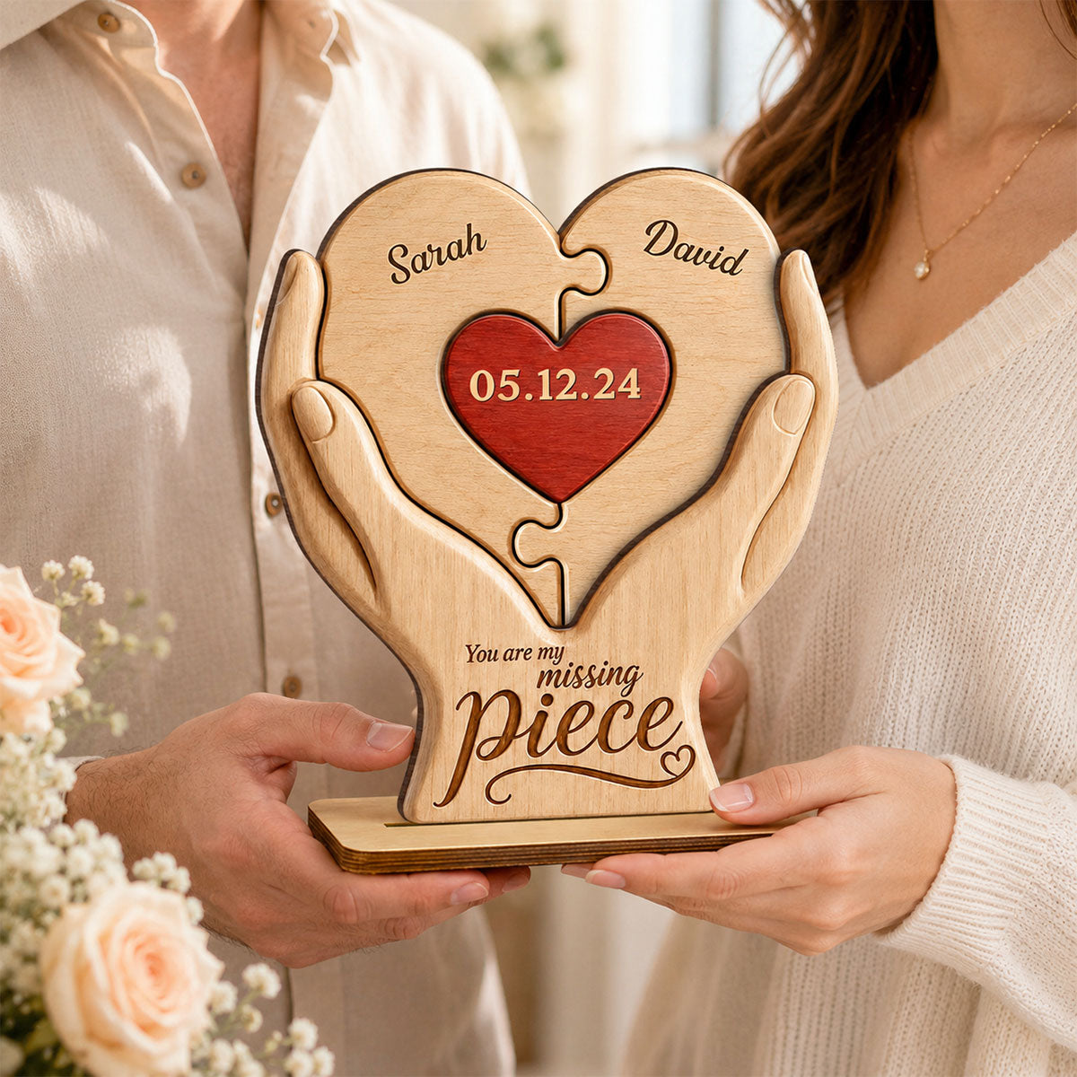 You Are My Missing Piece Couple Anniversary Date - Personalized 2-Layered Wooden Plaque - Heartfelt Gift for Her, for Him