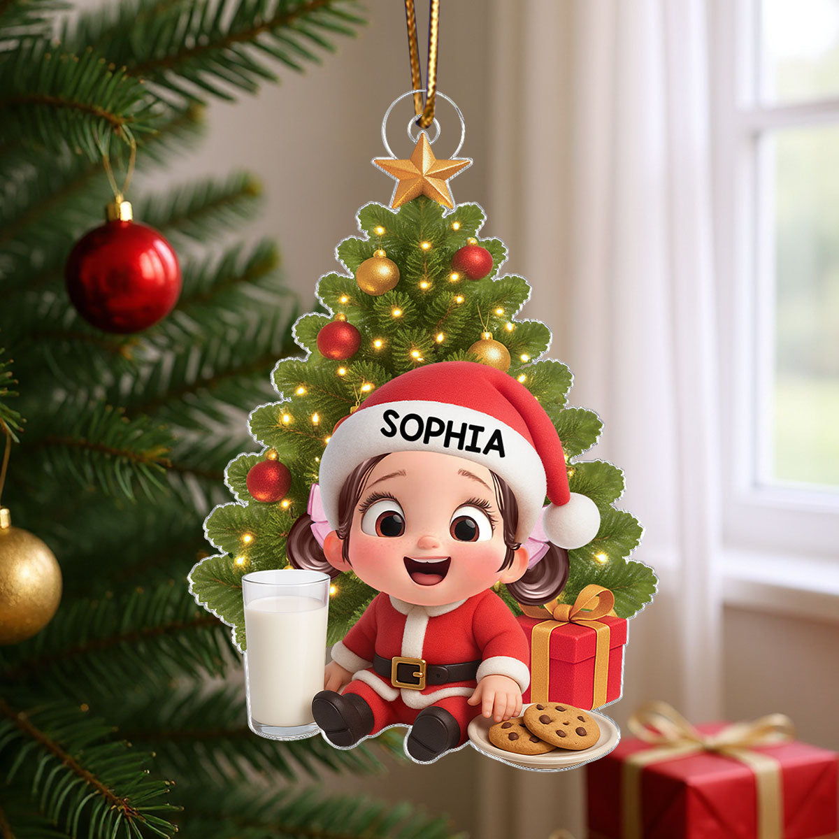 Little Kid with Milk and Cookies - Personalized Acrylic Ornament - Unique Christmas Gift For Kid, Grandkids