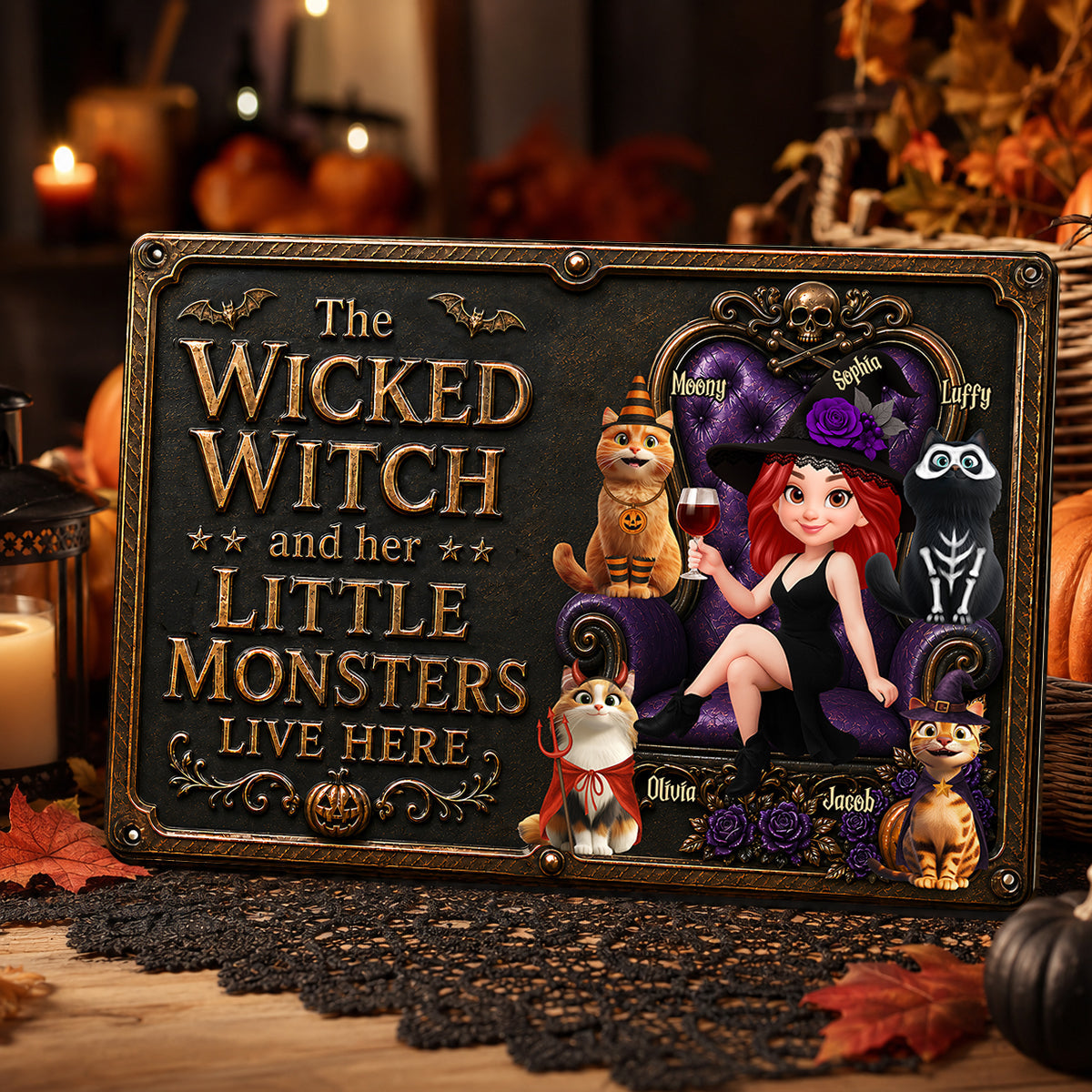 The Wicked Witch And Her Monster Cats Live Here - Personalized Metal Sign - Halloween Decor for Cat Moms