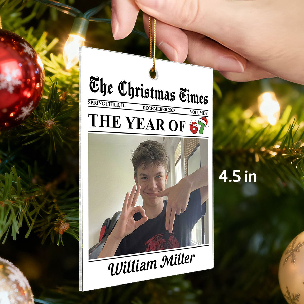 Custom Photo Newspaper Style 2025 Trending Slang Christmas 67 Six Seven - Personalized Acrylic Ornament - Funny Christmas Gift For Teen, Grandkid, Gen Alpha