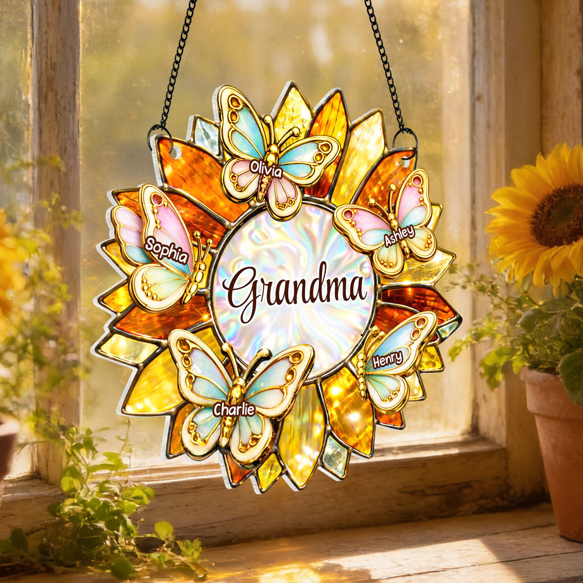 Grandma Mom Sunflower Butterfly - Personalized Suncatcher - Heartfelt Mother's Day Gift for Her