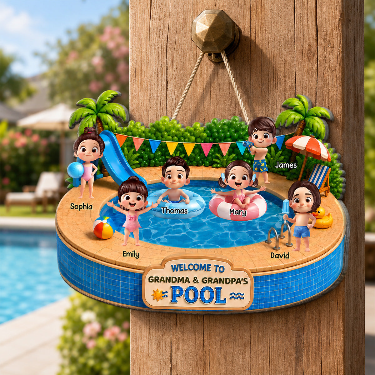 Welcome To Grandma Grandpa Pool Playful Kids 2D Flat - Personalized Wood Sign