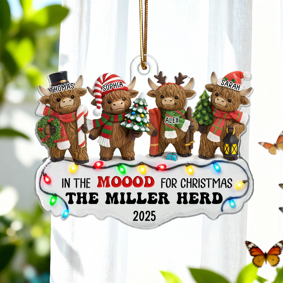 3D Effect Highland Cows Standing Family Herd In The Moood For Christmas - Personalized Acrylic Ornament