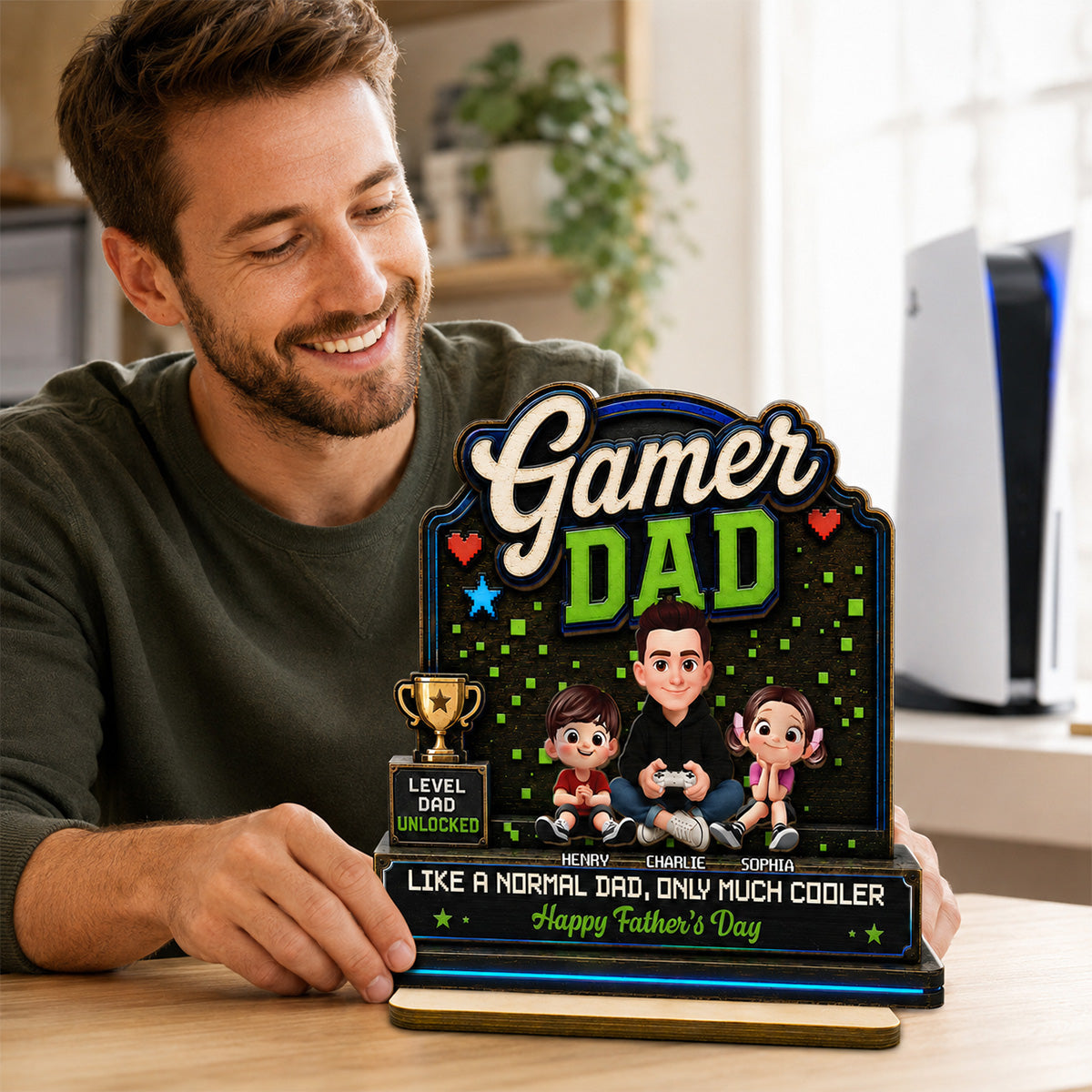 Gamer Dad & Kids - Personalized 2-Layered Wooden Plaque -  Gift For Gamer Dad