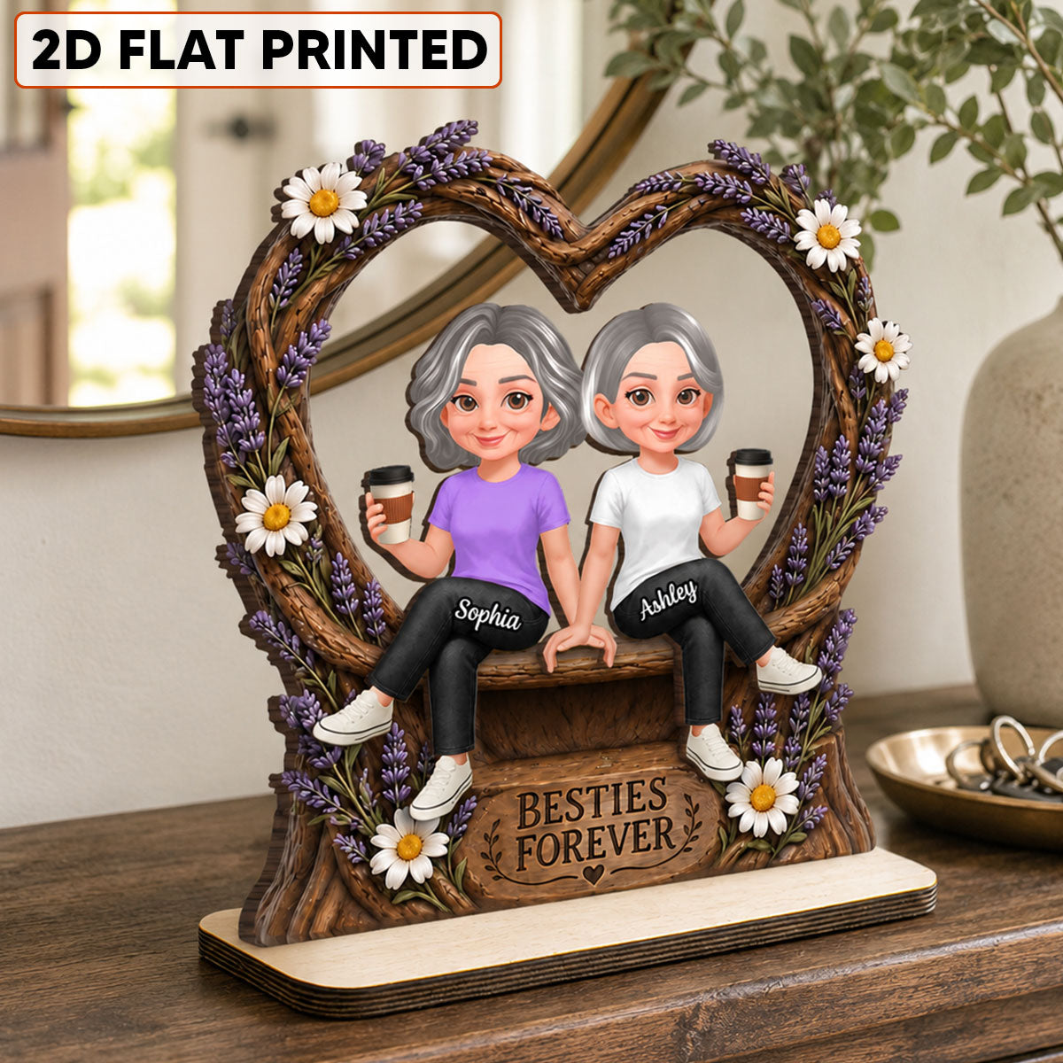 Lavender Flowers Besties Forever - Personalized 2-Layered Wooden Plaque - Birthday Gift, Gift For Best Friends