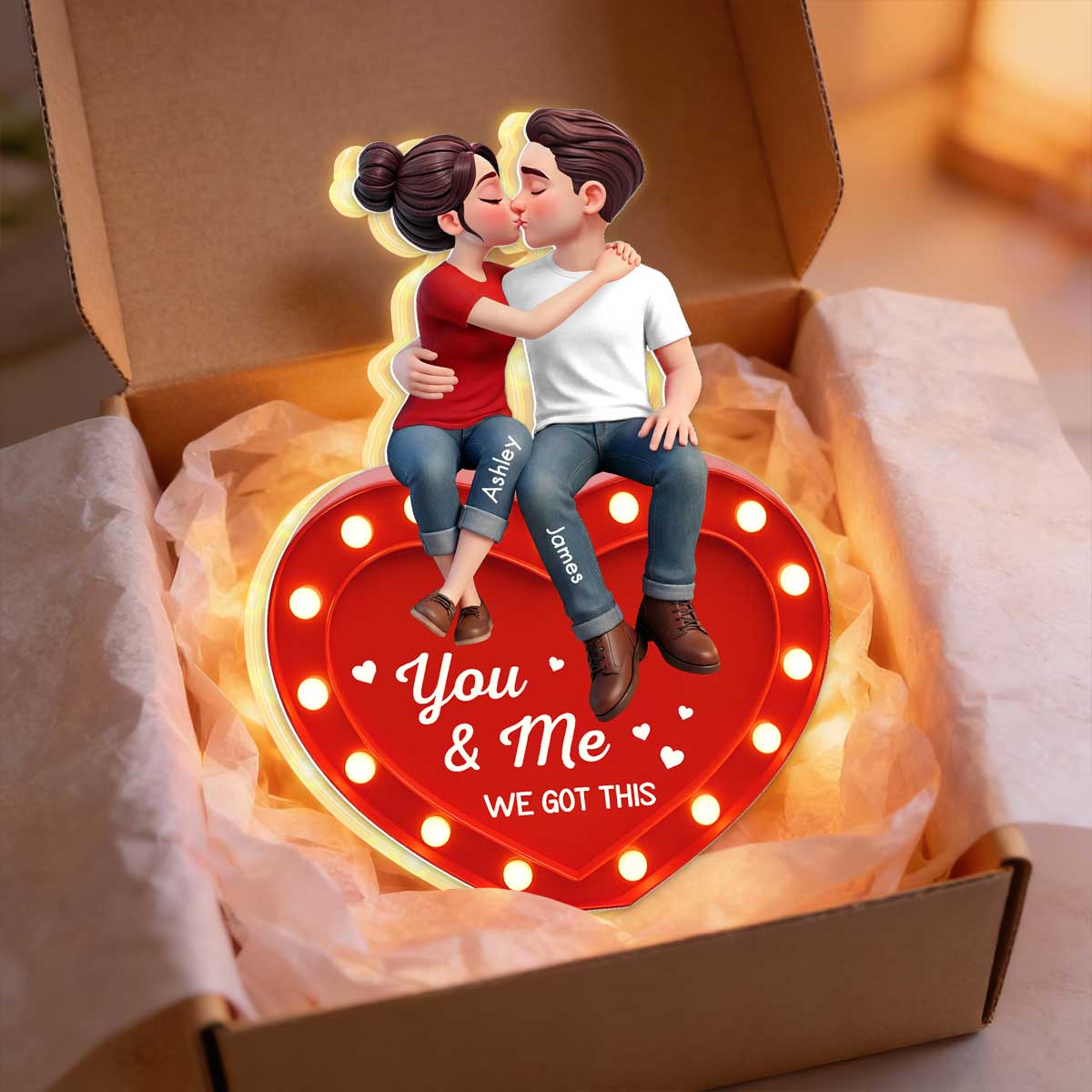 Everlasting Heart LOVE Couple Sitting Kissing - Personalized Light Box - Valentine's Day Gift For Couple, For Him, For Her