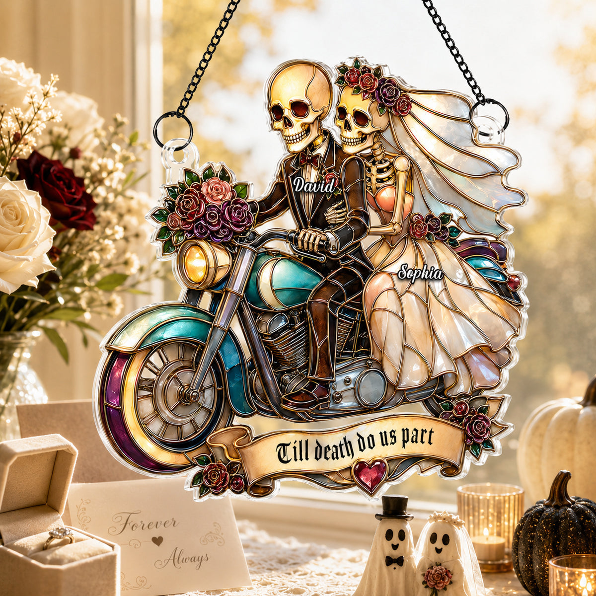 Just Married Skeleton Couple Halloween - Personalized Acrylic Window Hanging - Halloween Decor Gift, Gift For Couple