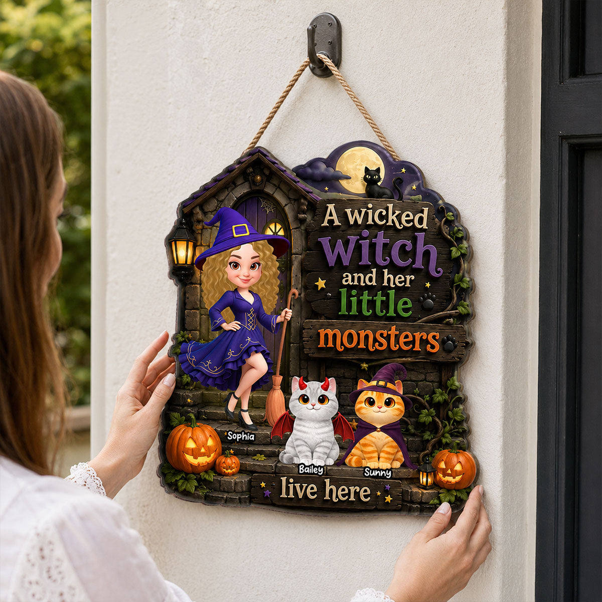 Mysterious Wicked Witch And Little Monsters Cats - Personalized Wood Sign - Halloween Gift For Cat Lovers, Halloween Decor