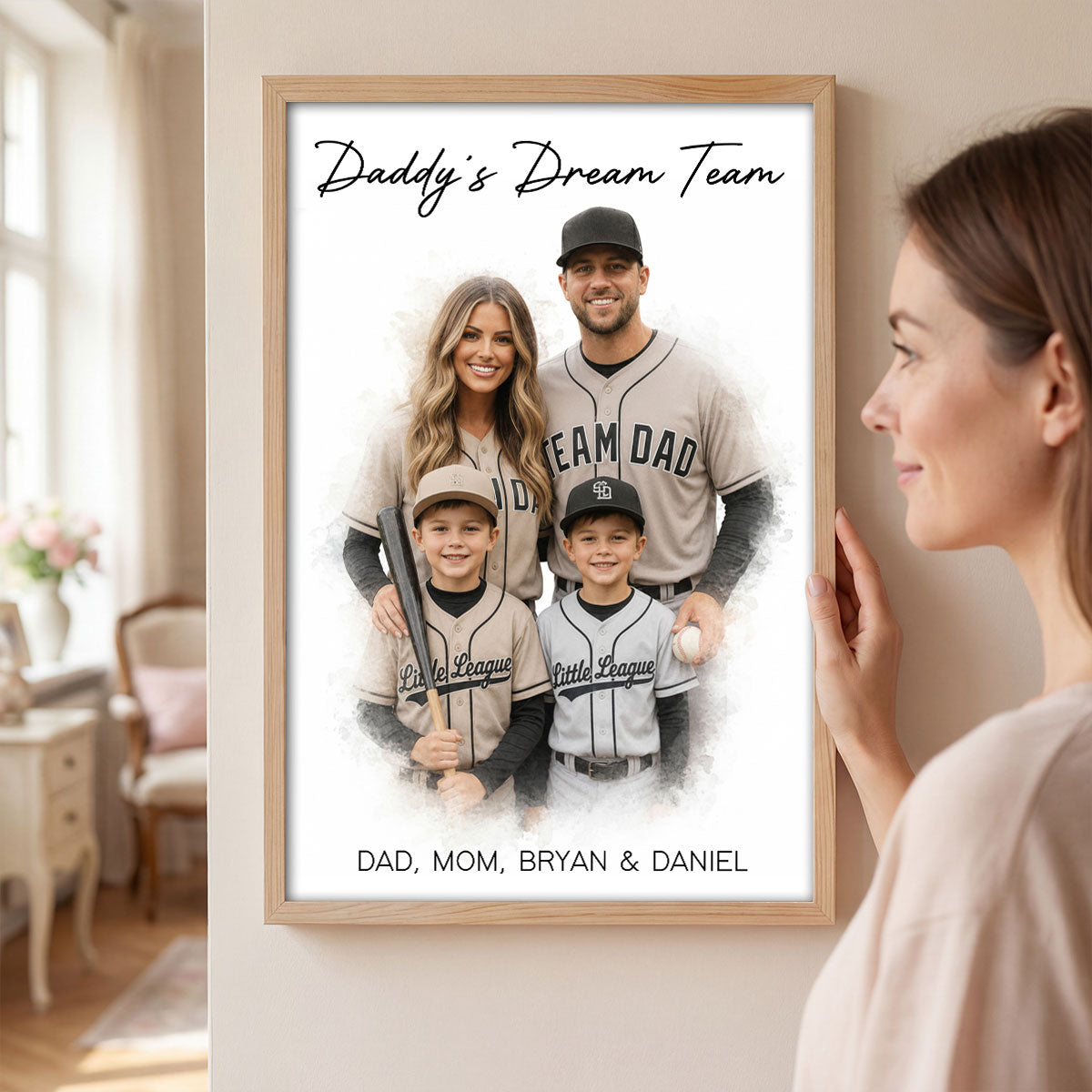 Watercolor Style Baseball Basketball Football Daddy's Dream Team - Personalized Poster - Father's Day Gift For Husband, Dad, Sport Dad