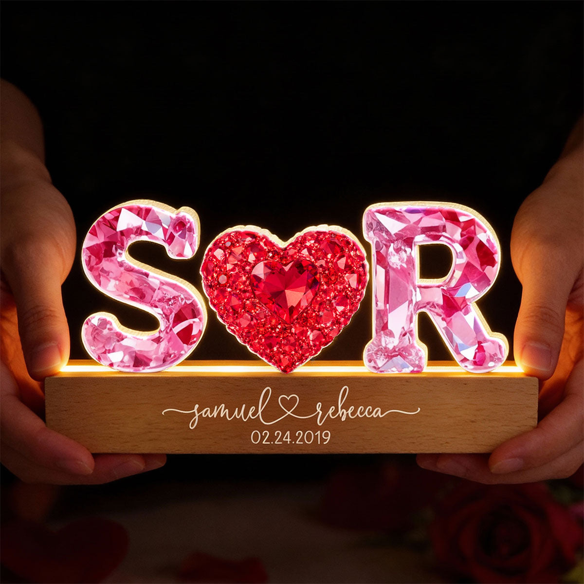 Couple Love Initial - Personalized Acrylic Block LED Night Light - Heartfelt Anniversary, Valentine's Day Gift for her, for him