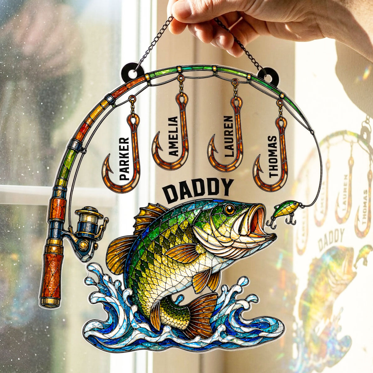 Fishing Daddy With Kids Names - Personalized Suncatcher - Heartfelt Gift For Fishing Dad, Gift For Husband