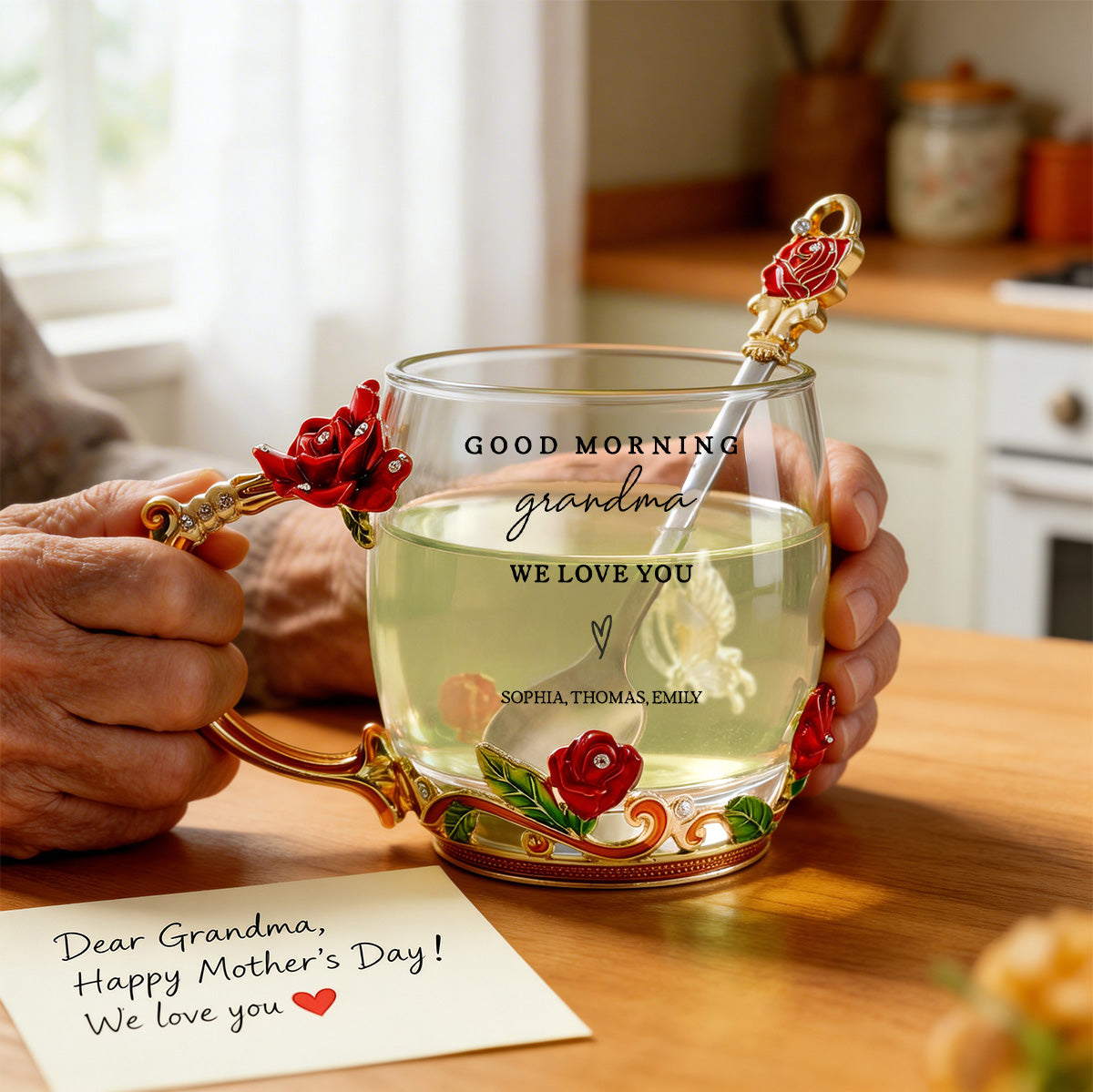 Good Morning Happy Mother's Day Grandma Mom - Personalized Enamel Flower Tea Cup - Gift For Grandma, Mom