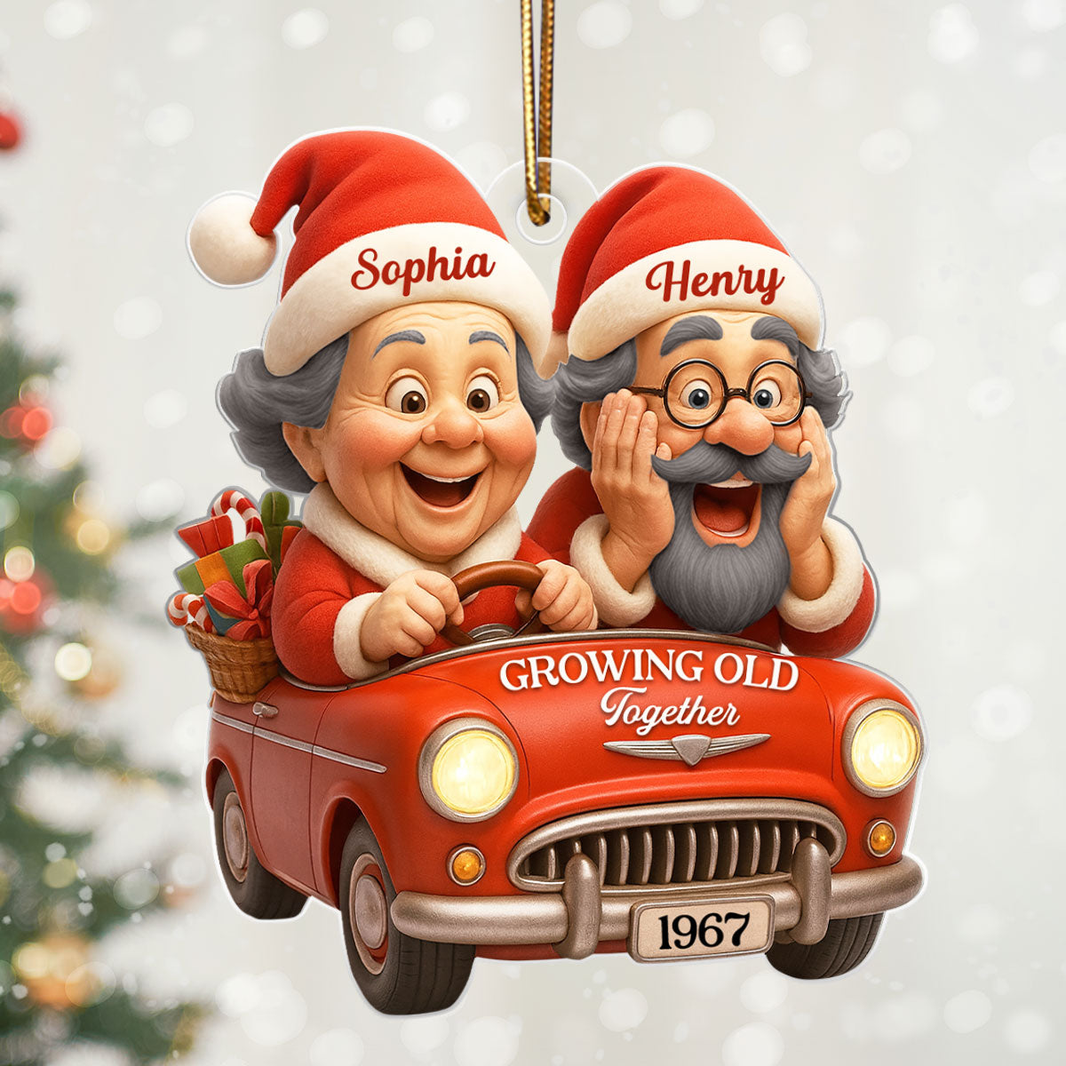 Old Couple In Santa Car - Personalized Acrylic Ornament - Unique Christmas Gift For Him, For Her, For Couple