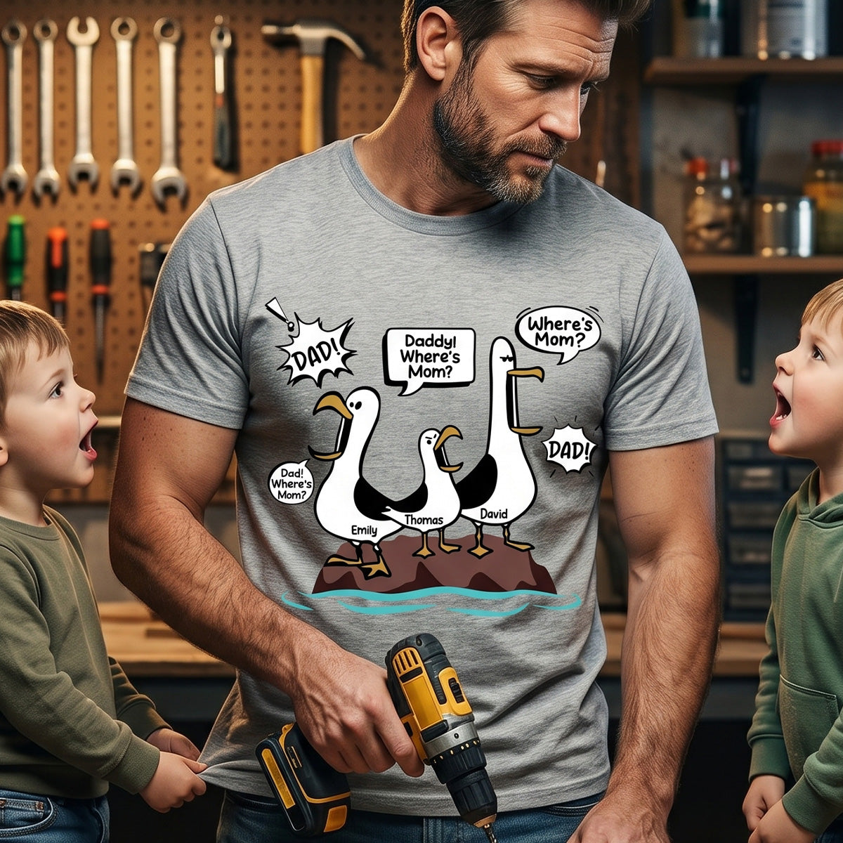 Where's Mom Funny Seagulls - Personalized Shirt - Funny Father's Day Gift For Dad, Husband