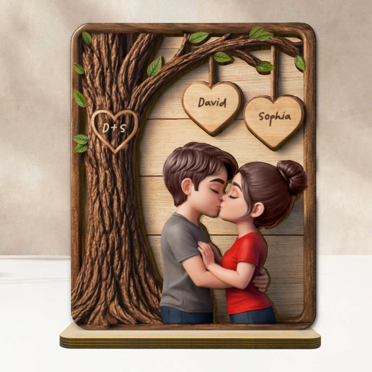 Loving Couple Kissing Under Tree - Personalized 2-Layered Wooden Plaque - Sentimental Valentine's Day Gift for Her, for Him