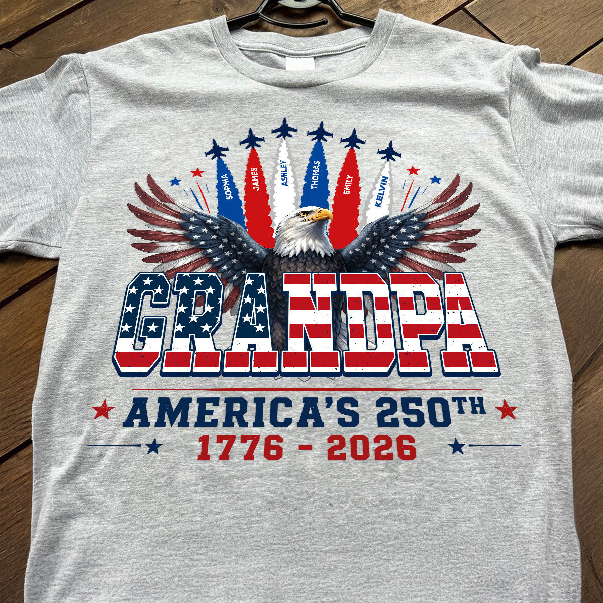 Proud Grandpa Dad Bald Eagle Jets Smoke Custom Kid Name - Personalized Shirt - American 250th Anniversary Keepsake For Husband, Dad, Grandpa