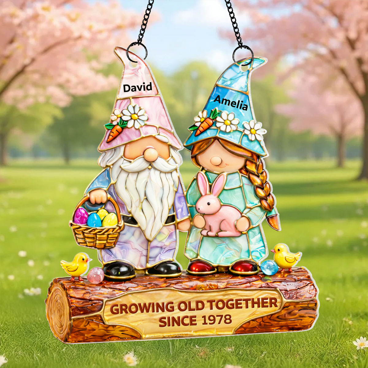 Growing Old Together Since Couple Gnome - Personalized Suncatcher - Gift For Couple, Family