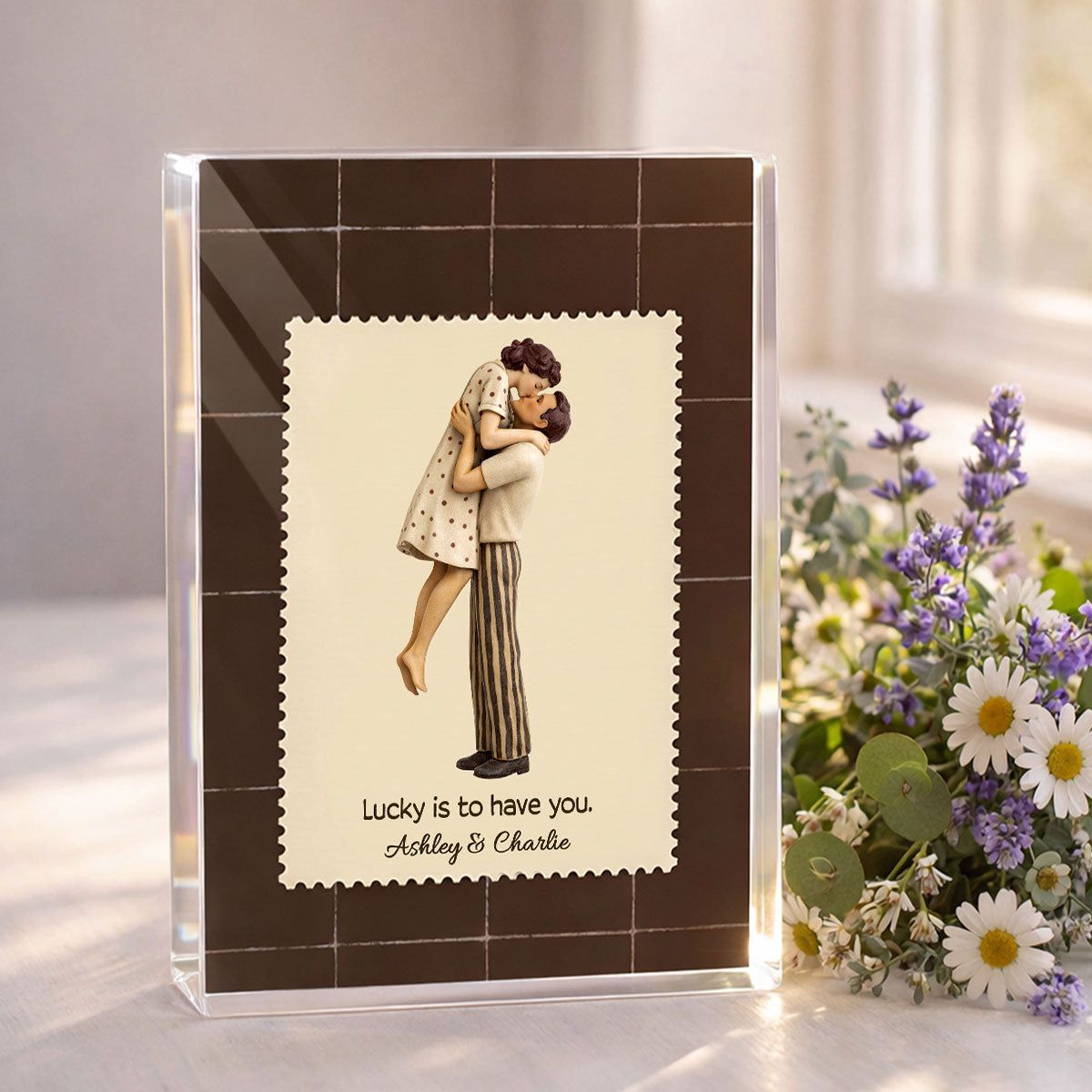 Lucky Is To Have You Mid-Century Couple - Personalized Acrylic Block Plaque - Anniversary, Valentine's Day Gift, Gift For Him, Gift For Her