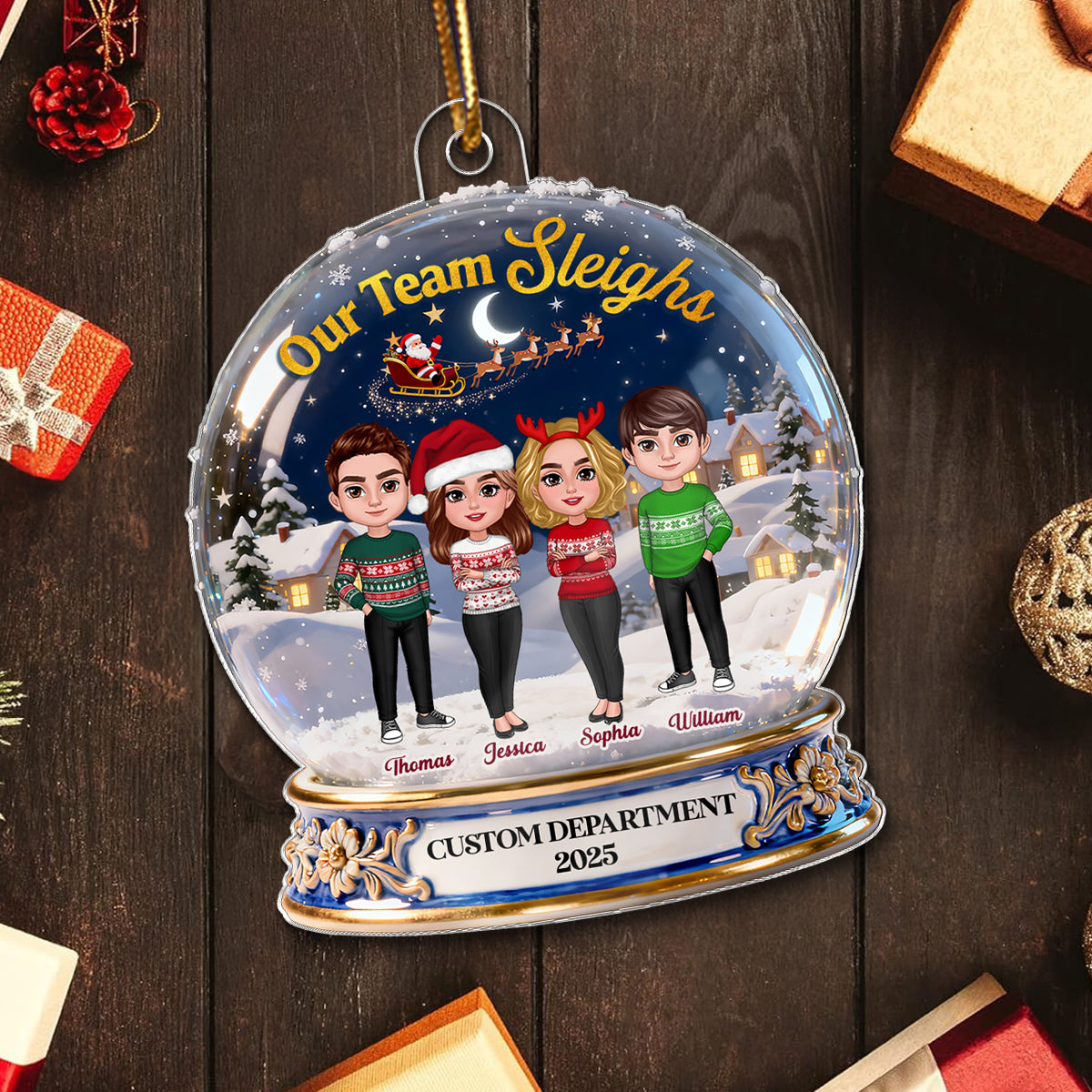 3D Effect Flat Snow Globe Our Team Sleighs Best Team Ever - Personalized Acrylic Ornament, Company Christmas Gift For Staff, For Employees